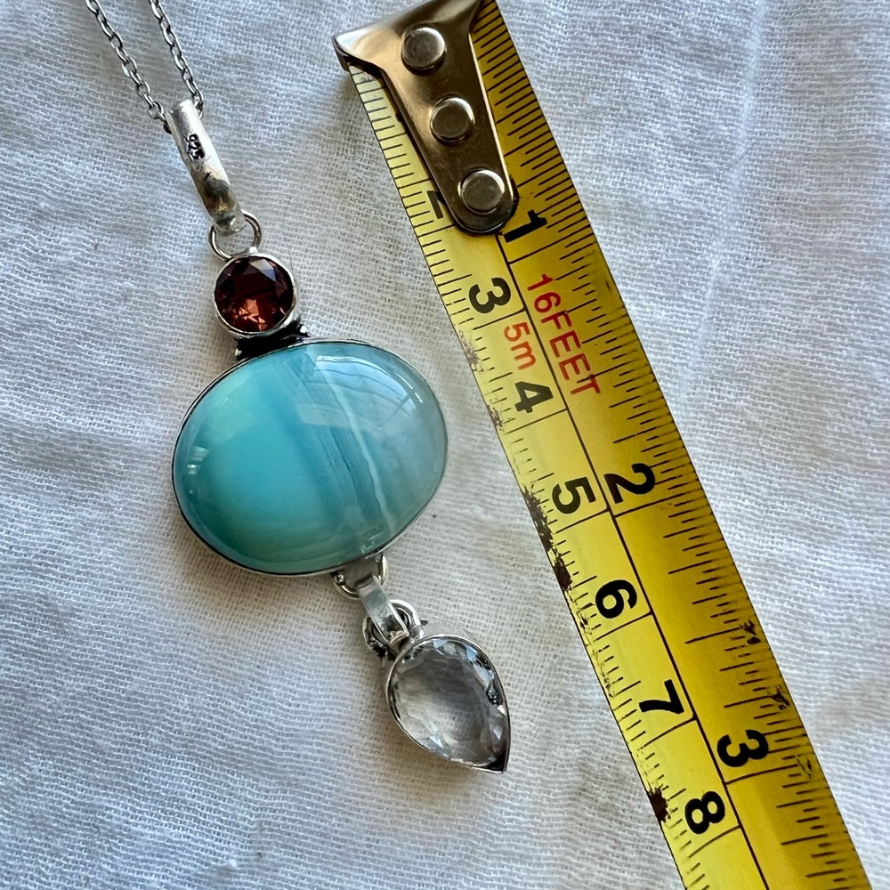925 Feminine Beautiful! Blue Agate + Topaz Necklace Pendant - Picture 3 of 7
